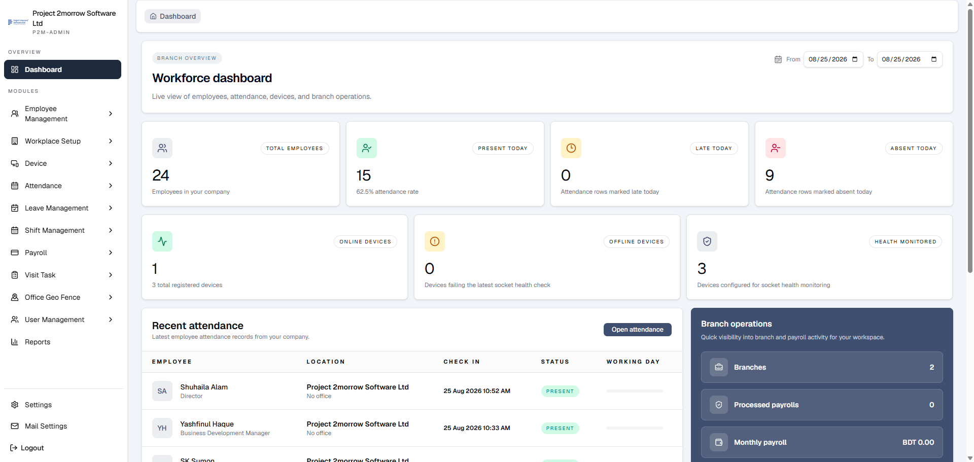 Gate Pass Attendance Management Dashboard